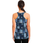Blue Denim Patchwork Pattern Print Women's Racerback Tank Top