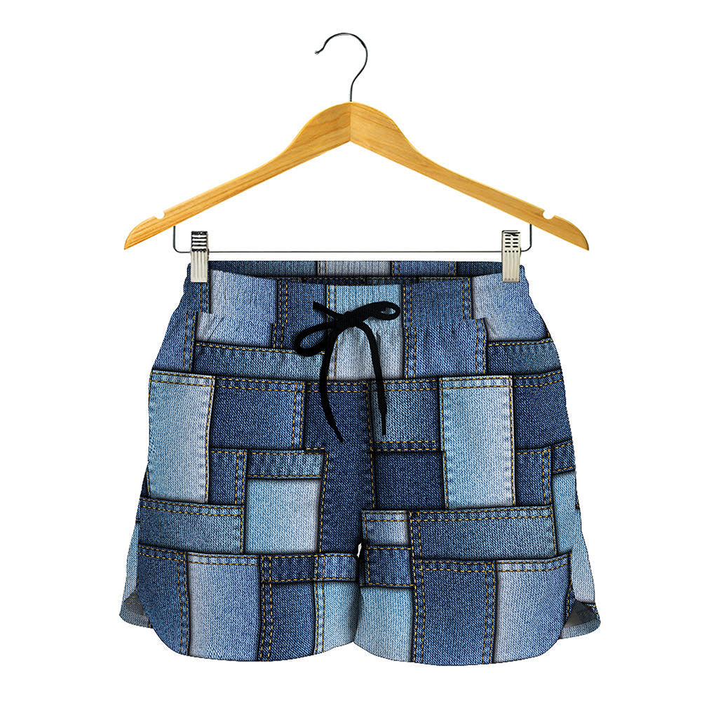 Blue Denim Patchwork Pattern Print Women's Shorts