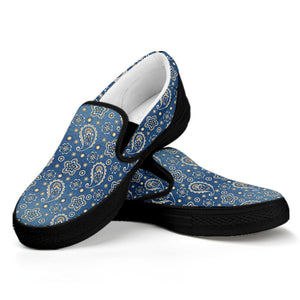 Blue Denim Western Paisley Print Black Slip On Shoes