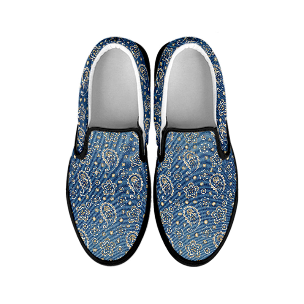 Blue Denim Western Paisley Print Black Slip On Shoes