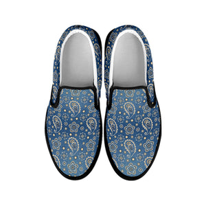 Blue Denim Western Paisley Print Black Slip On Shoes