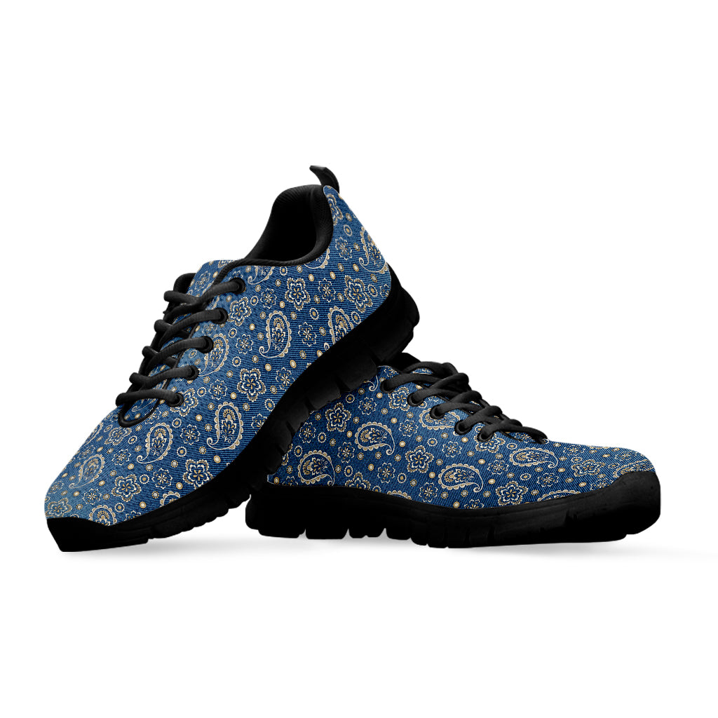 Blue Denim Western Paisley Print Black Sneakers