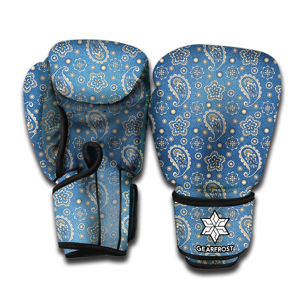 Blue Denim Western Paisley Print Boxing Gloves