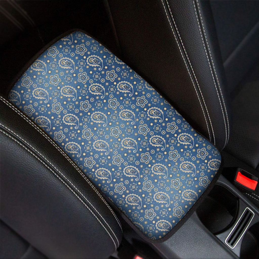 Blue Denim Western Paisley Print Car Center Console Cover