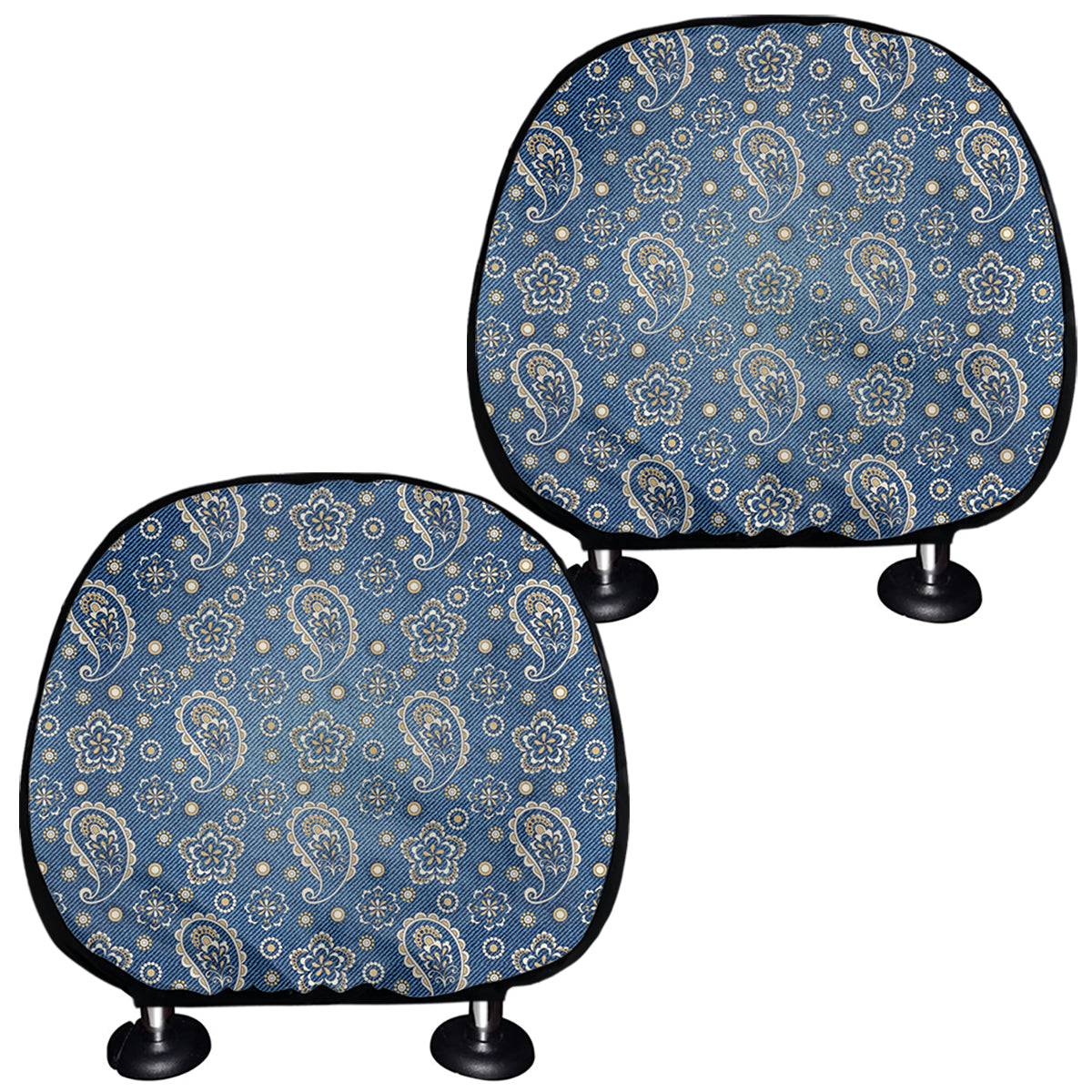 Blue Denim Western Paisley Print Car Headrest Covers