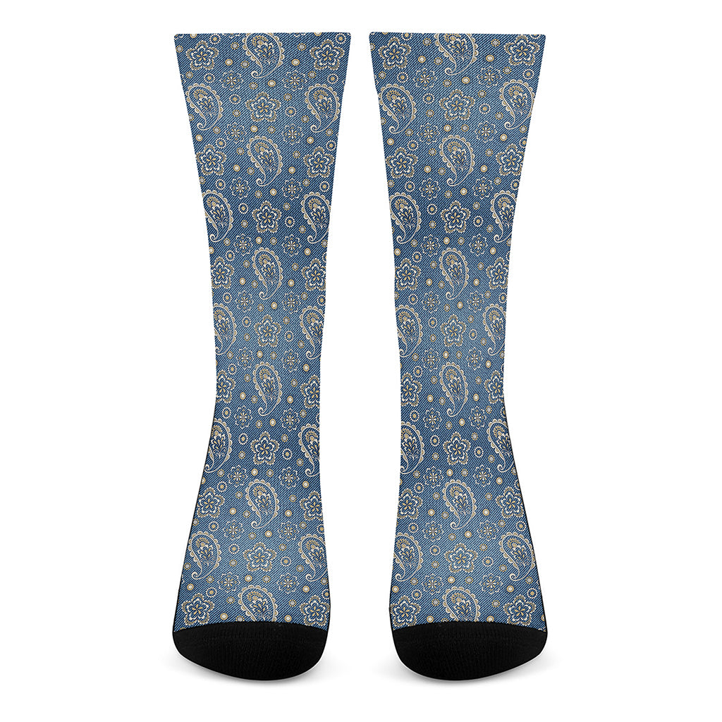 Blue Denim Western Paisley Print Crew Socks