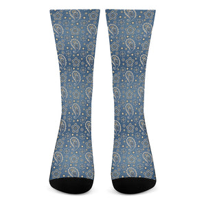 Blue Denim Western Paisley Print Crew Socks