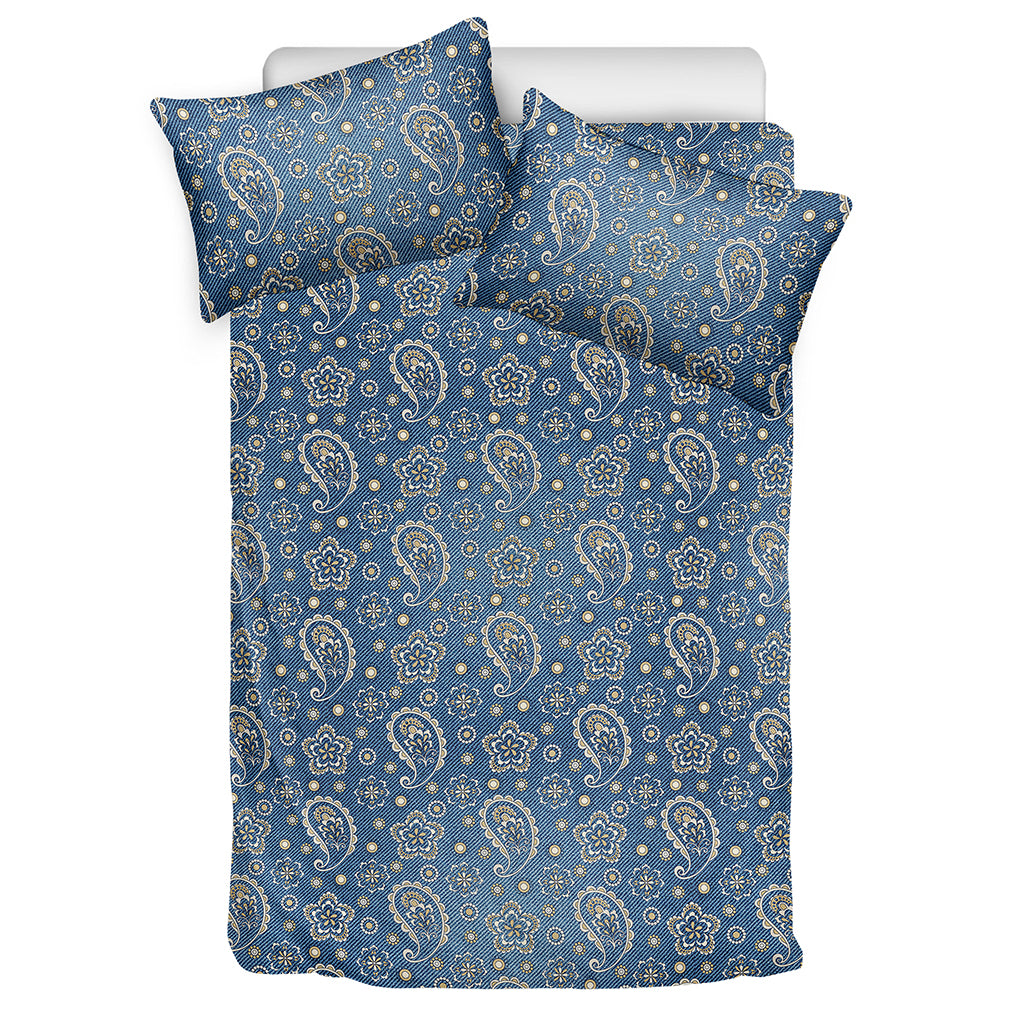 Blue Denim Western Paisley Print Duvet Cover Bedding Set