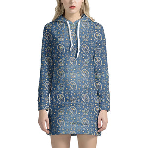 Blue Denim Western Paisley Print Hoodie Dress