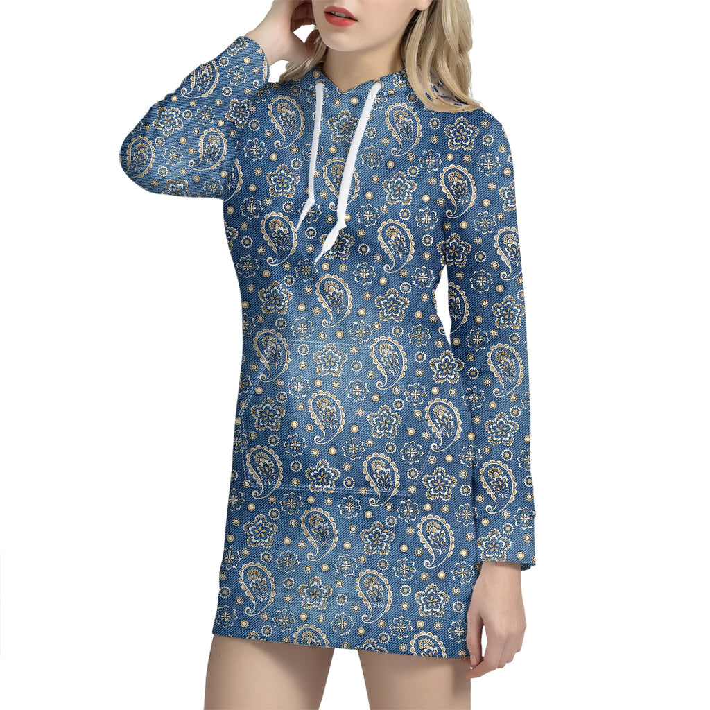 Blue Denim Western Paisley Print Hoodie Dress