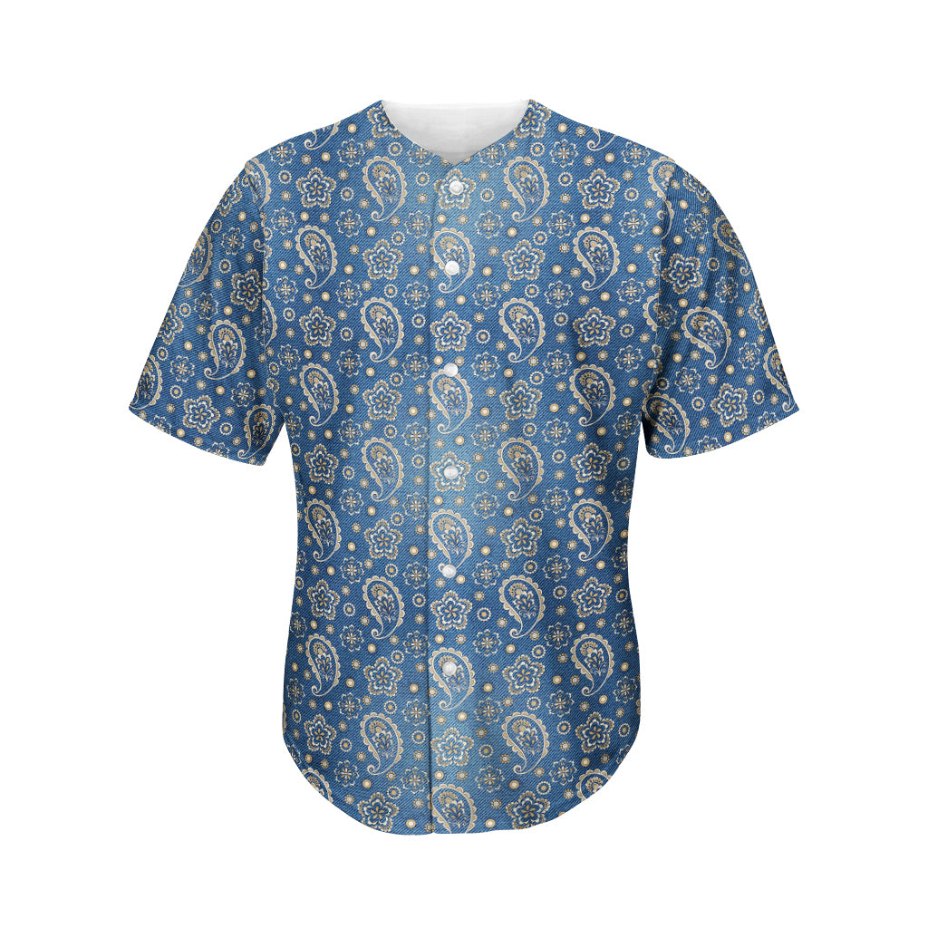 Blue Denim Western Paisley Print Men's Baseball Jersey