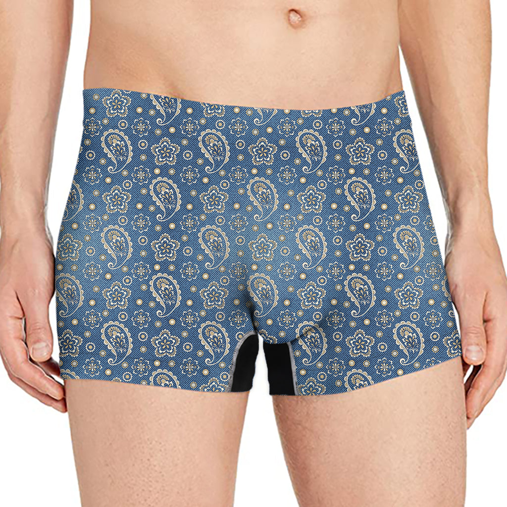 Blue Denim Western Paisley Print Men's Boxer Briefs