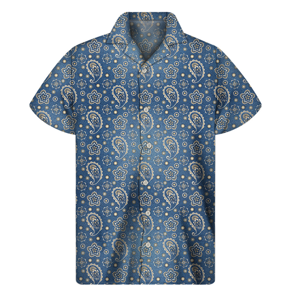 Blue Denim Western Paisley Print Men's Short Sleeve Shirt