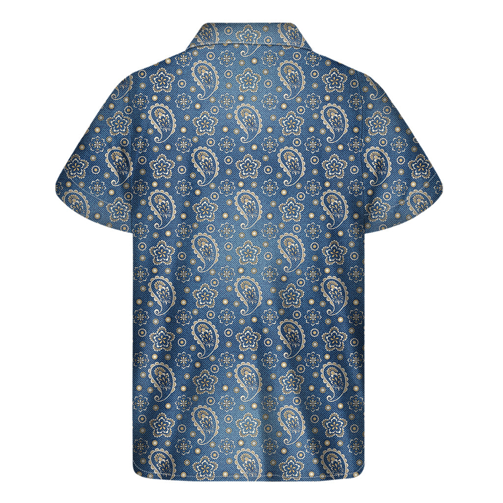 Blue Denim Western Paisley Print Men's Short Sleeve Shirt