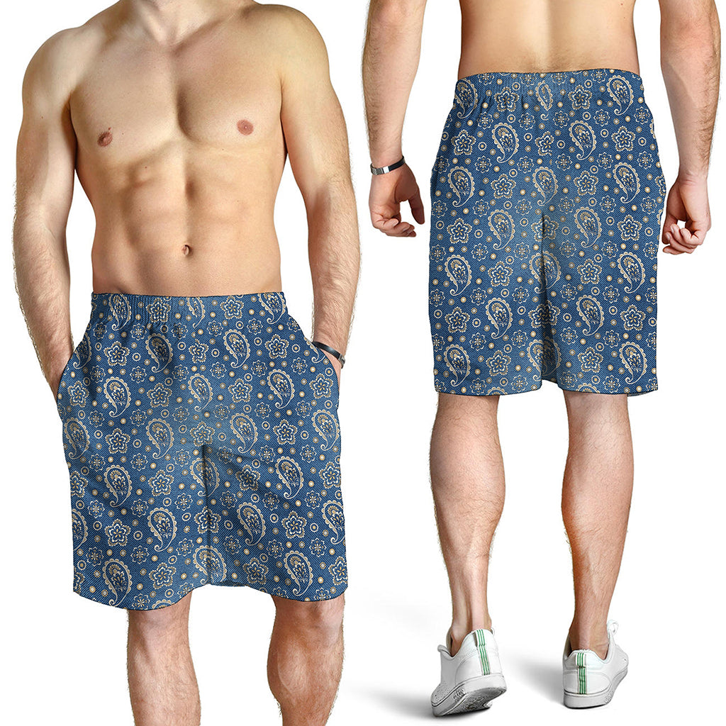 Blue Denim Western Paisley Print Men's Shorts