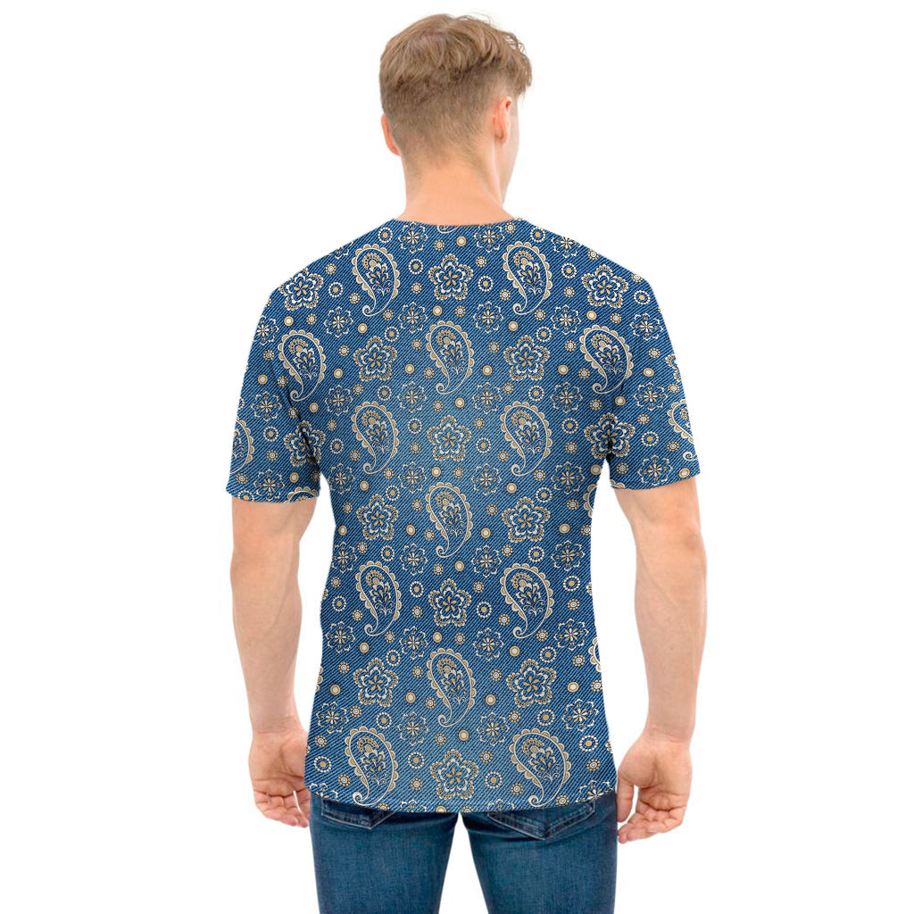 Blue Denim Western Paisley Print Men's T-Shirt