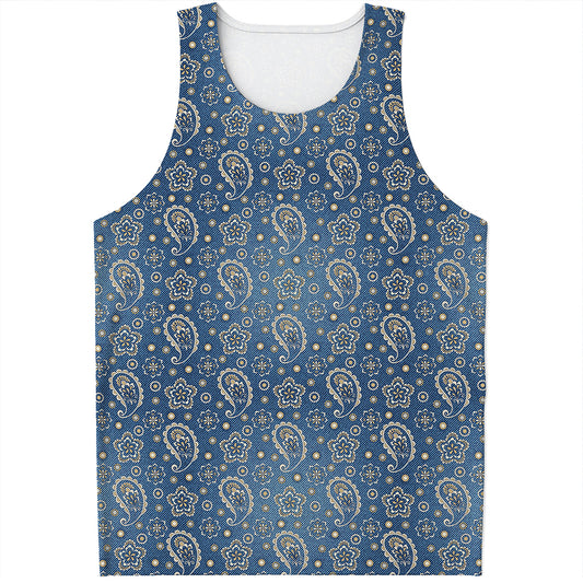 Blue Denim Western Paisley Print Men's Tank Top