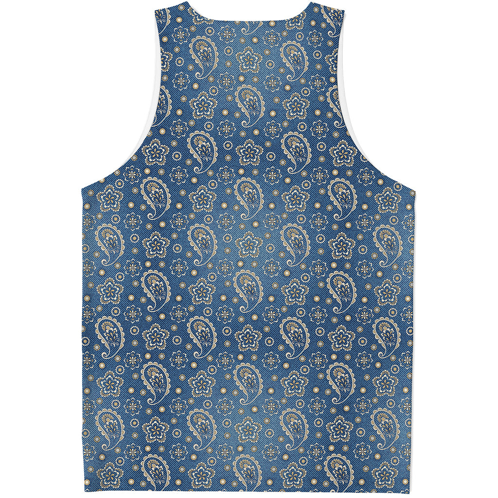 Blue Denim Western Paisley Print Men's Tank Top