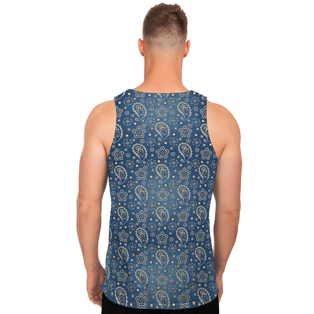 Blue Denim Western Paisley Print Men's Tank Top