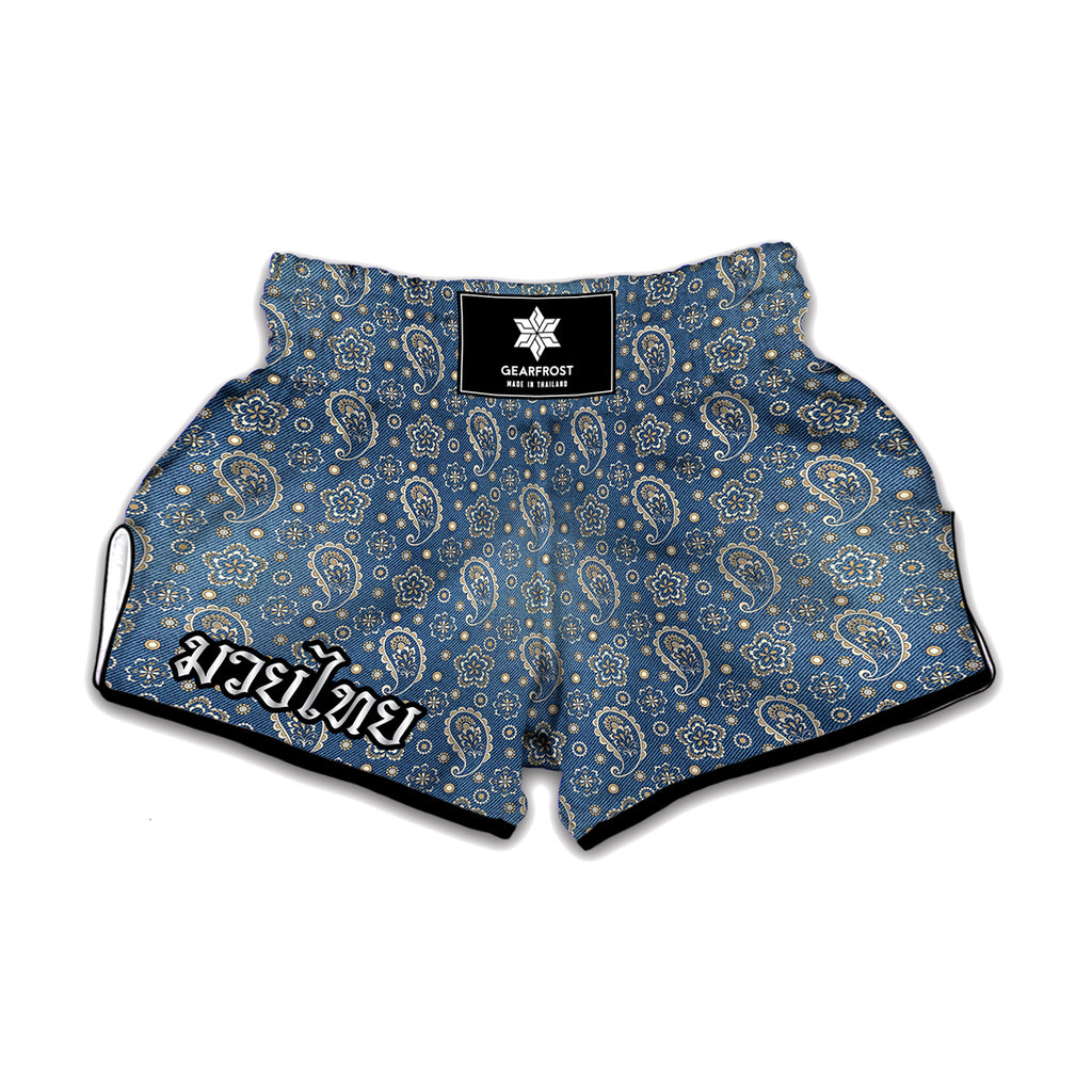 Blue Denim Western Paisley Print Muay Thai Boxing Shorts