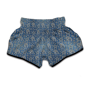 Blue Denim Western Paisley Print Muay Thai Boxing Shorts