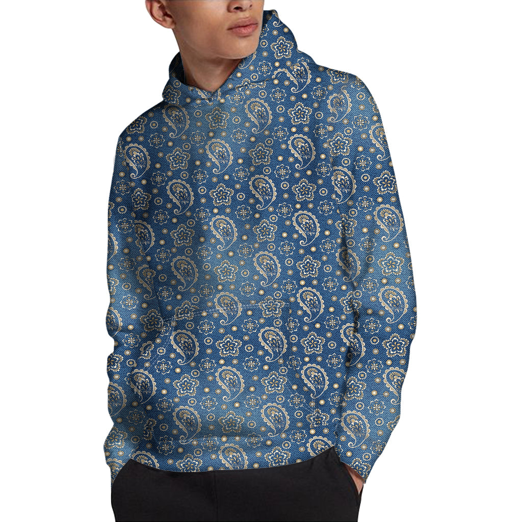 Blue Denim Western Paisley Print Pullover Hoodie