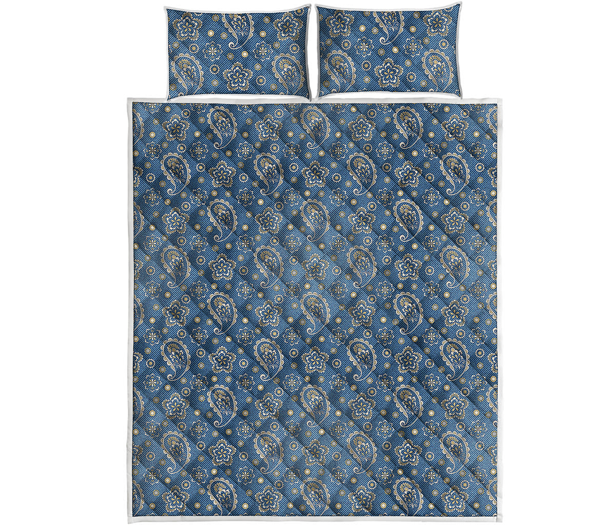 Blue Denim Western Paisley Print Quilt Bed Set