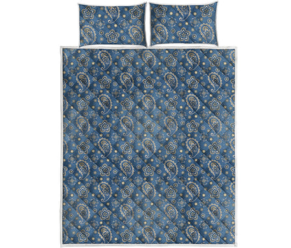 Blue Denim Western Paisley Print Quilt Bed Set