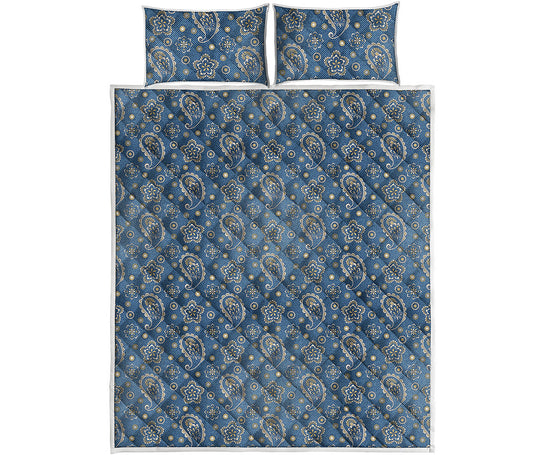 Blue Denim Western Paisley Print Quilt Bed Set