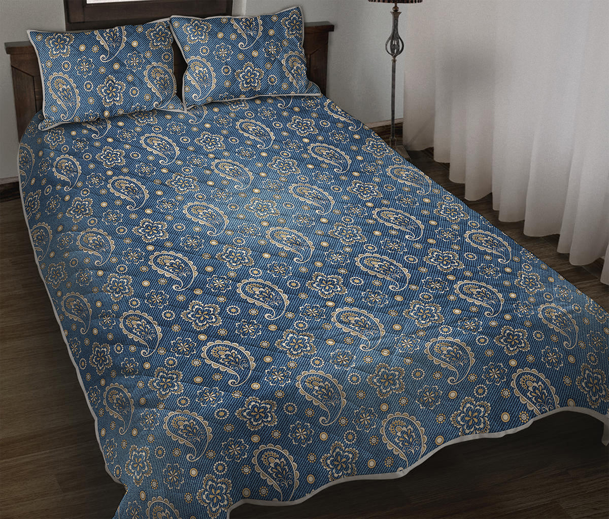 Blue Denim Western Paisley Print Quilt Bed Set