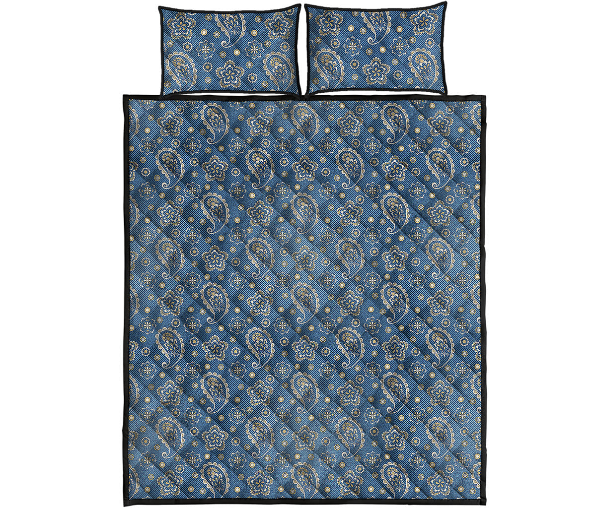 Blue Denim Western Paisley Print Quilt Bed Set