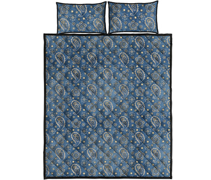 Blue Denim Western Paisley Print Quilt Bed Set