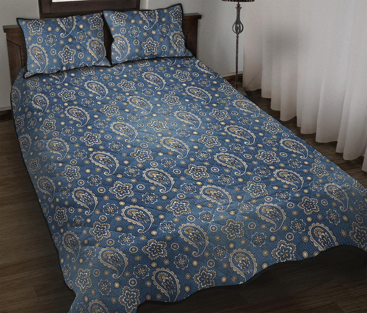 Blue Denim Western Paisley Print Quilt Bed Set