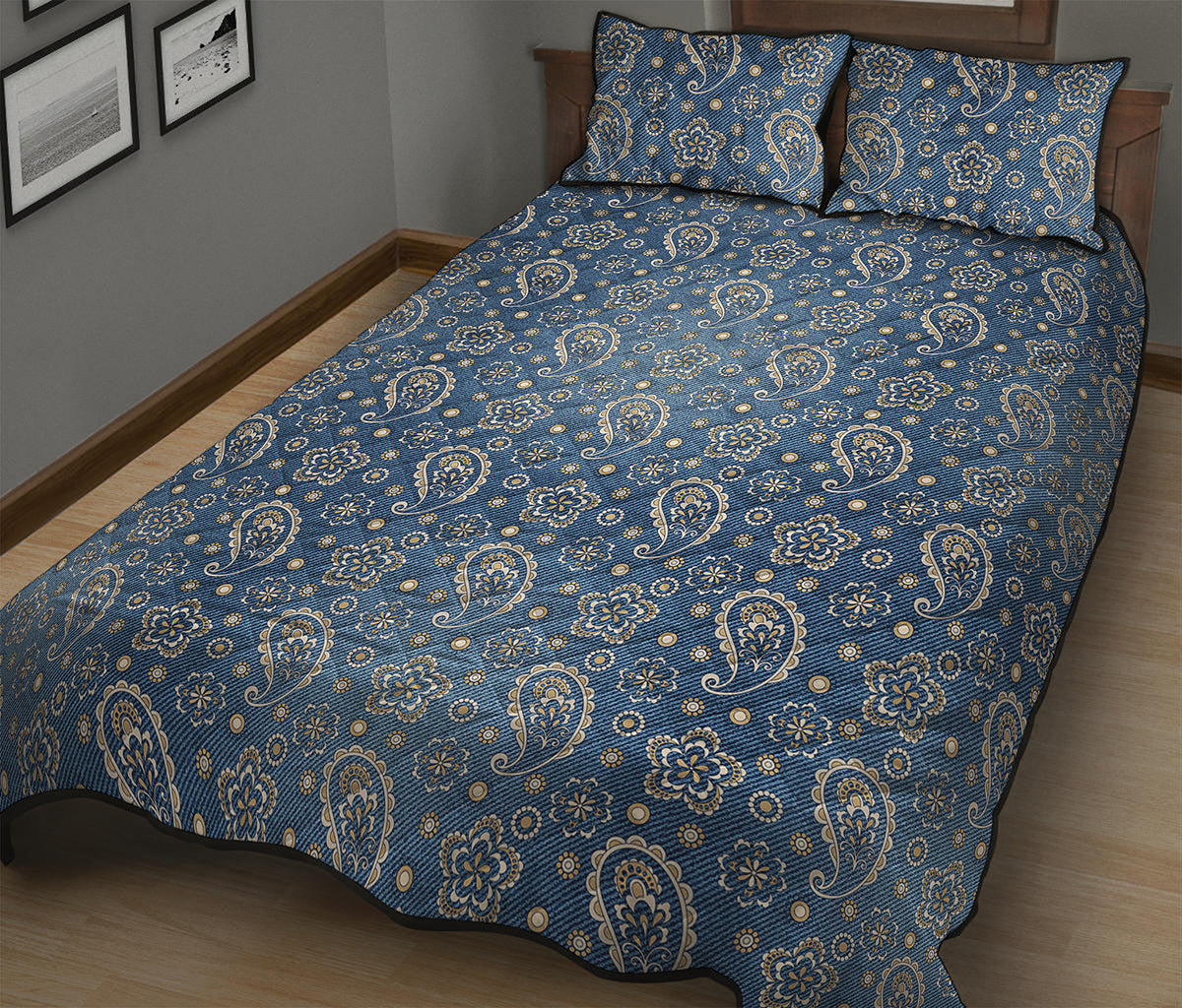 Blue Denim Western Paisley Print Quilt Bed Set