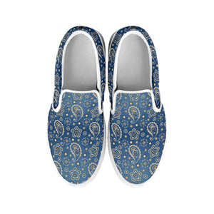 Blue Denim Western Paisley Print White Slip On Shoes