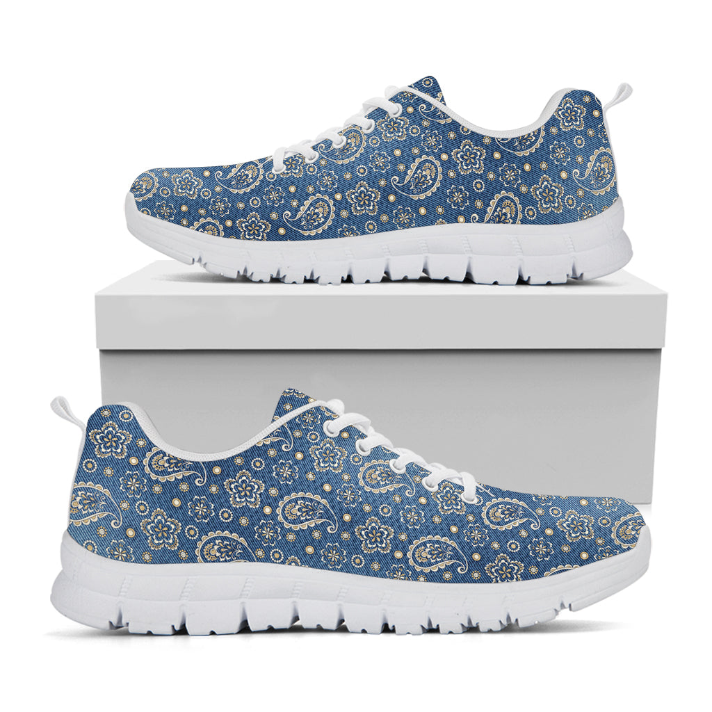 Blue Denim Western Paisley Print White Sneakers