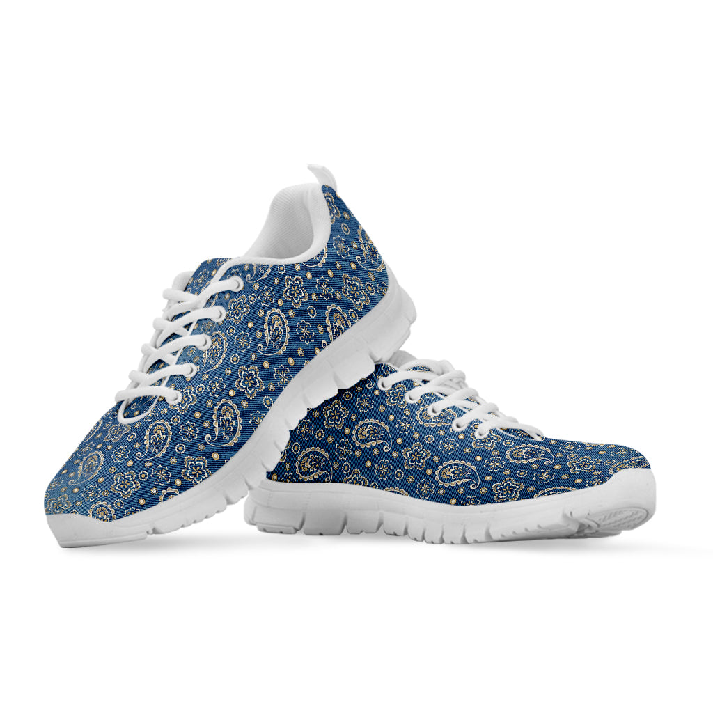 Blue Denim Western Paisley Print White Sneakers