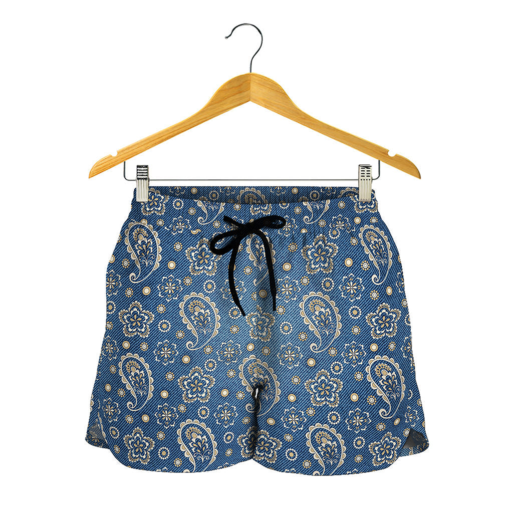 Blue Denim Western Paisley Print Women's Shorts