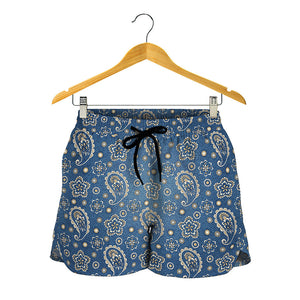 Blue Denim Western Paisley Print Women's Shorts