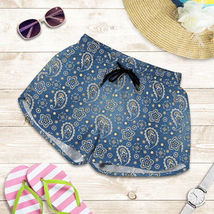 Blue Denim Western Paisley Print Women's Shorts