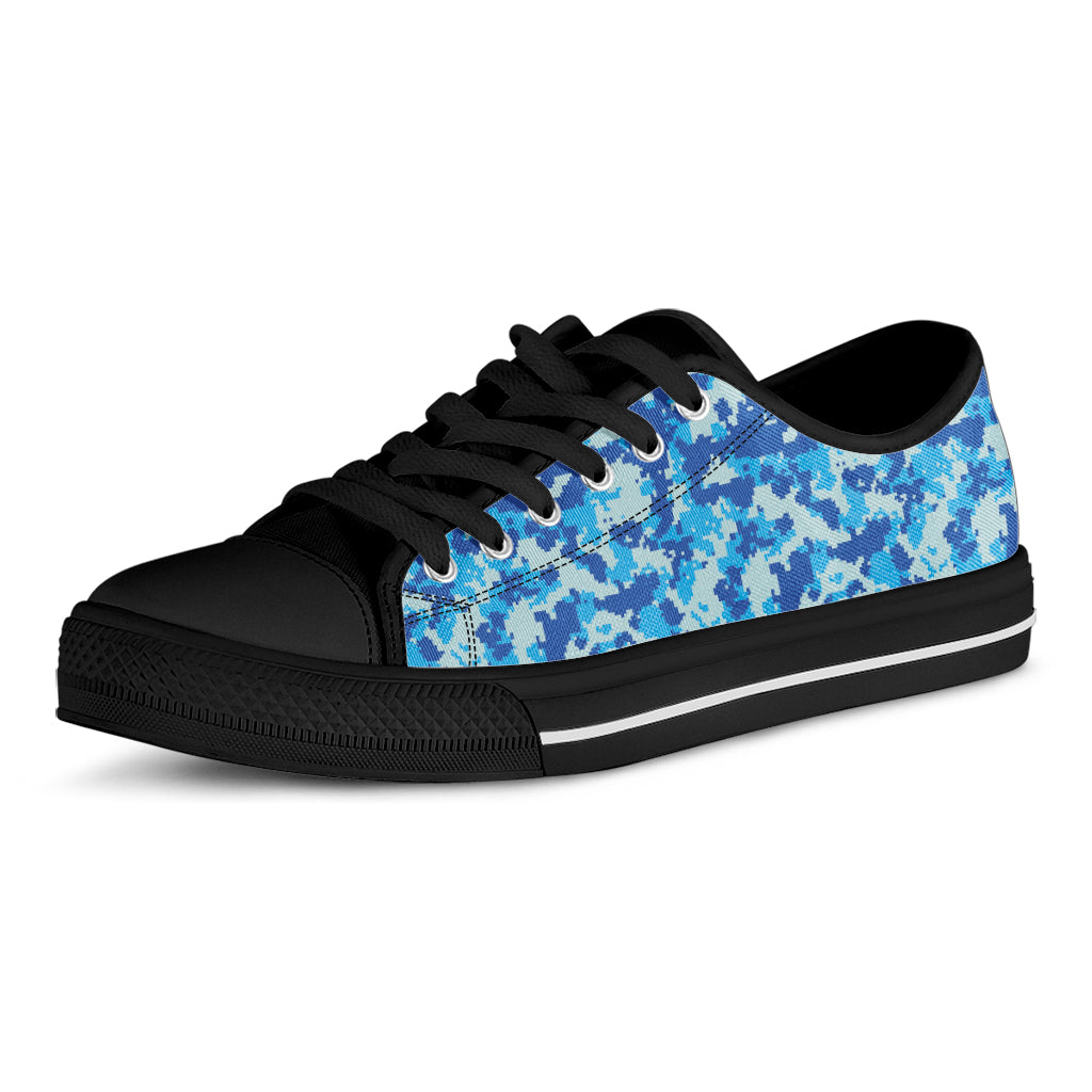 Blue Digital Camo Pattern Print Black Low Top Shoes