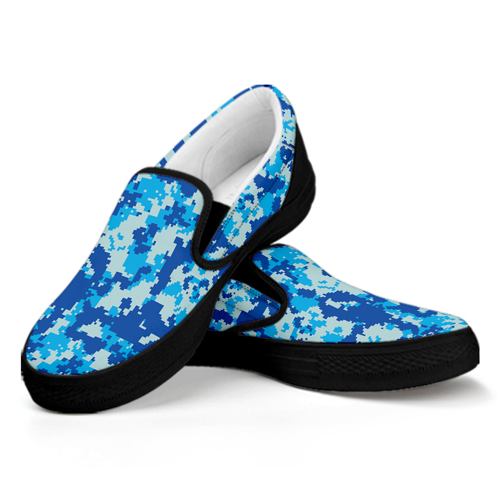 Blue Digital Camo Pattern Print Black Slip On Shoes