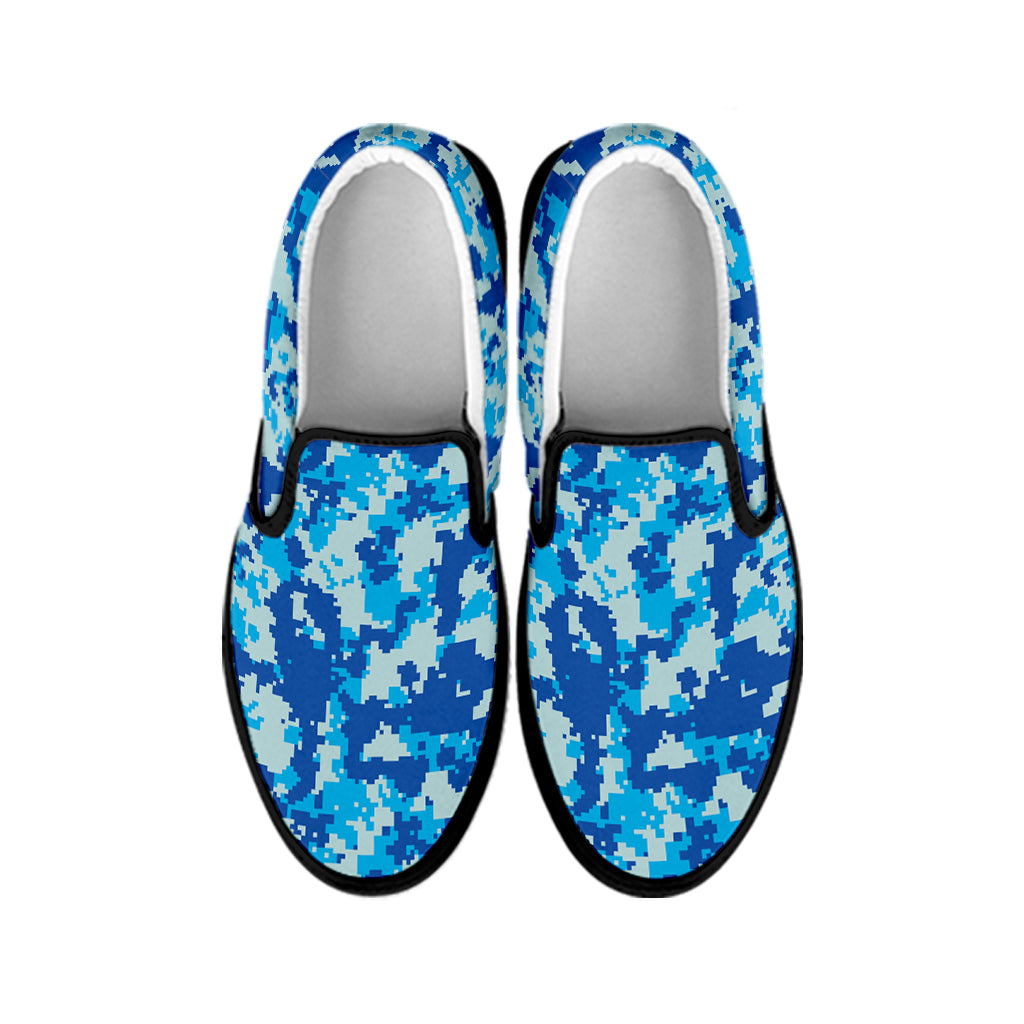 Blue Digital Camo Pattern Print Black Slip On Shoes