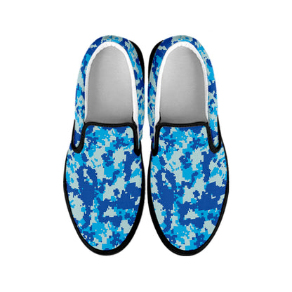 Blue Digital Camo Pattern Print Black Slip On Shoes