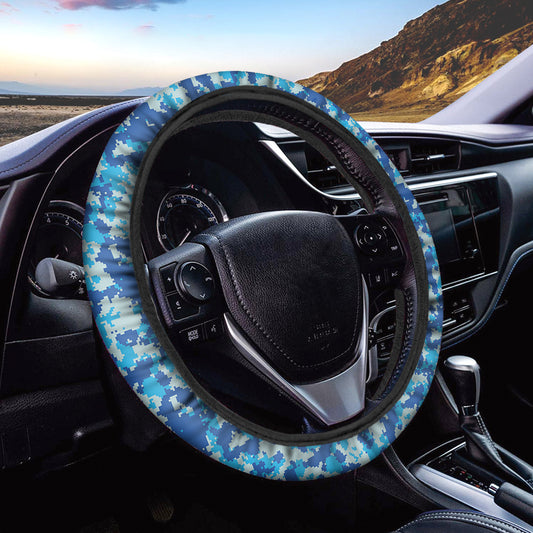 Blue Digital Camo Pattern Print Car Steering Wheel Cover