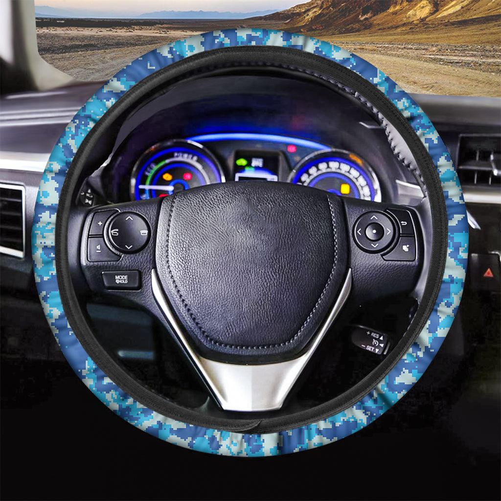 Blue Digital Camo Pattern Print Car Steering Wheel Cover