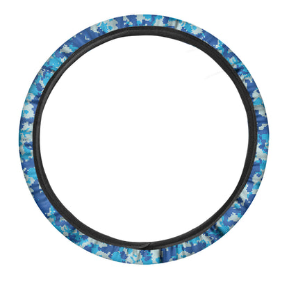 Blue Digital Camo Pattern Print Car Steering Wheel Cover
