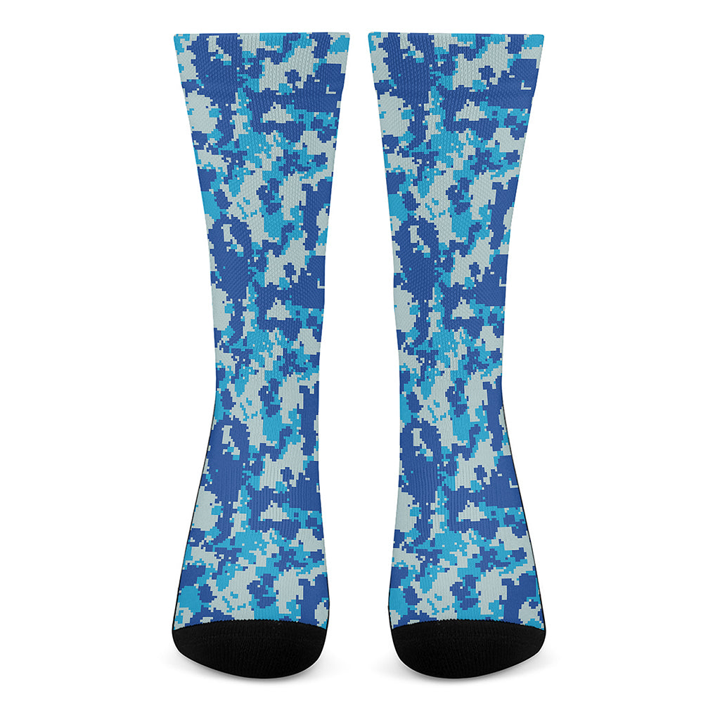 Blue Digital Camo Pattern Print Crew Socks