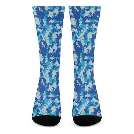 Blue Digital Camo Pattern Print Crew Socks