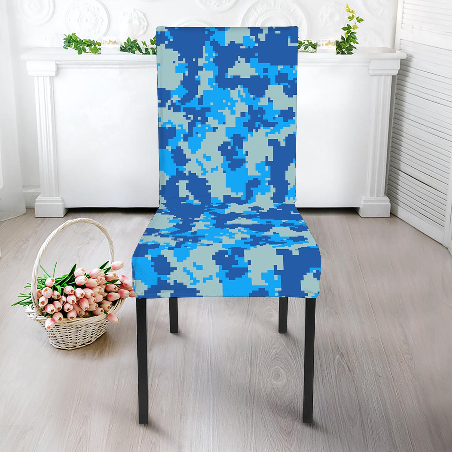Blue Digital Camo Pattern Print Dining Chair Slipcover